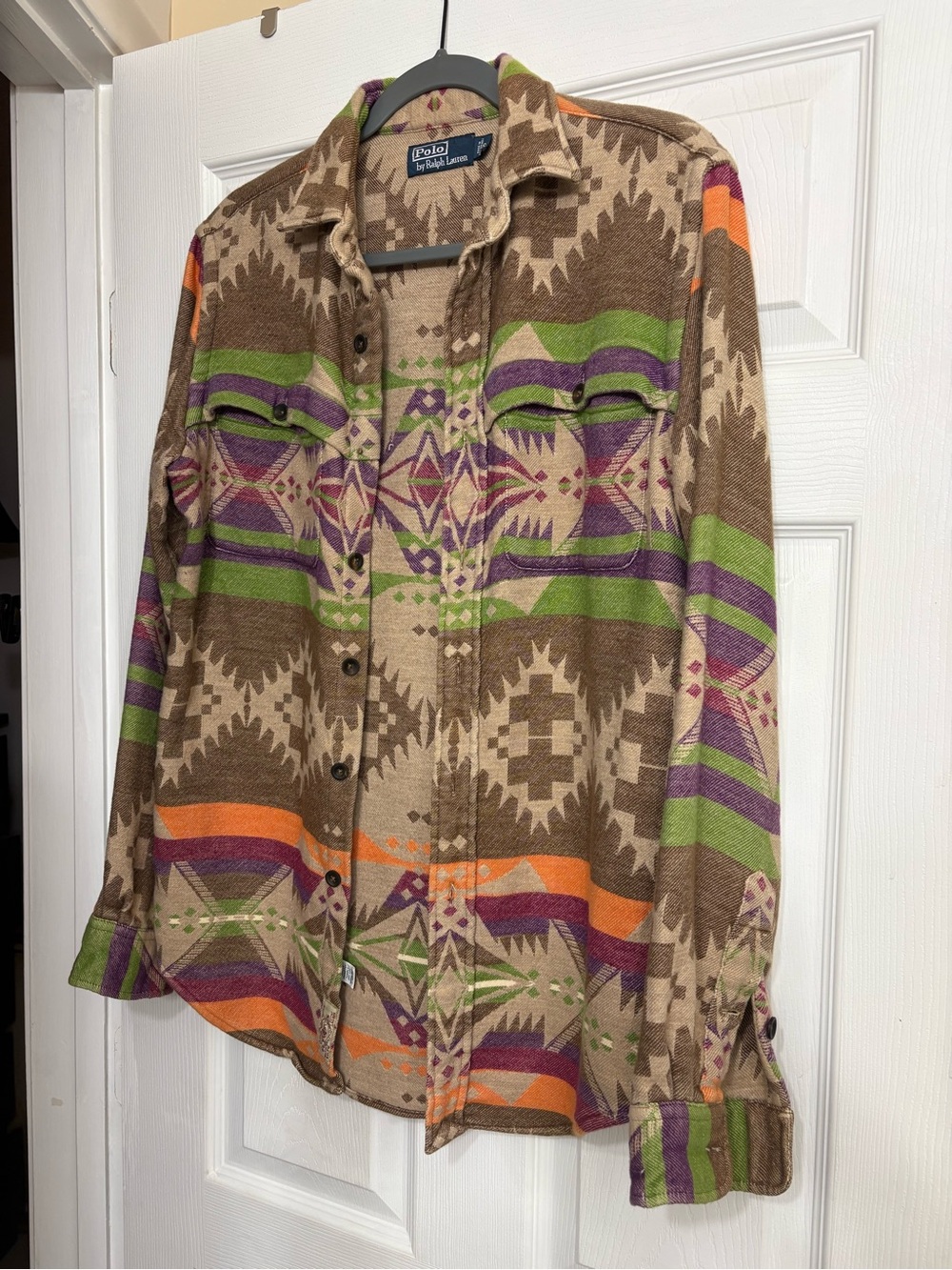 Ralph Lauren Southwestern Wool-Blend Button Shirt Jacket in Brown & Green.